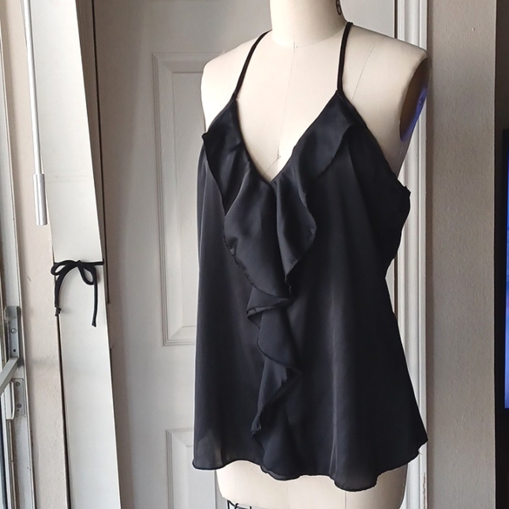 Black Silky Deep V Spaghetti Strap Racer Back Tank